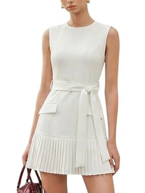 Commense White Pleated Hem Belted Mini Dress XS NWT Sleeveless